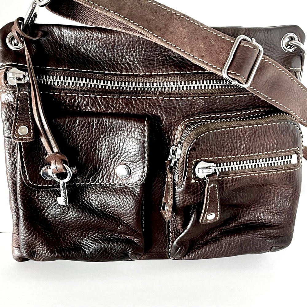 Fossil Sutter Brown Pebbled Leather Crossbody Bag Vintage Multi-Pocket Boho EUC